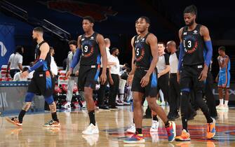 1230488103 NEW YORK, NY - JANUARY 8: RJ Barrett #9, Immanuel Quickley #5, and Nerlens Noel #3 of the New York Knicks looks on during the game against the Oklahoma City Thunder on January 8, 2021 at Madison Square Garden in New York City, New York. NOTE TO USER: User expressly acknowledges and agrees that, by downloading and or using this photograph, User is consenting to the terms and conditions of the Getty Images License Agreement. Mandatory Copyright Notice: Copyright 2021 NBAE (Photo by Nathaniel S. Butler/NBAE via Getty Images)