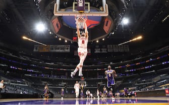 LOS ANGELES, CA - JANUARY 8: Zach LaVine #8 of the Chicago Bulls dunks the ball during the game against the Los Angeles Lakers on January 8, 2021 at STAPLES Center in Los Angeles, California. NOTE TO USER: User expressly acknowledges and agrees that, by downloading and/or using this Photograph, user is consenting to the terms and conditions of the Getty Images License Agreement. Mandatory Copyright Notice: Copyright 2021 NBAE (Photo by Adam Pantozzi/NBAE via Getty Images)