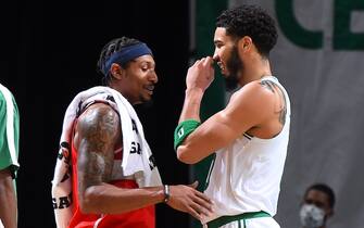 BOSTON, MA - JANUARY 8: Bradley Beal #3 of the Washington Wizards and Jayson Tatum #0 of the Boston Celtics talk after the game on January 8, 2021 at the TD Garden in Boston, Massachusetts.  NOTE TO USER: User expressly acknowledges and agrees that, by downloading and or using this photograph, User is consenting to the terms and conditions of the Getty Images License Agreement. Mandatory Copyright Notice: Copyright 2021 NBAE  (Photo by Brian Babineau/NBAE via Getty Images)