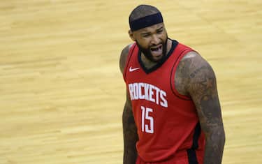 HOUSTON, TEXAS - JANUARY 02: DeMarcus Cousins #15 of the Houston Rockets reacts following a call during the first quarter of a game against the Sacramento Kings at Toyota Center on January 02, 2021 in Houston, Texas. NOTE TO USER: User expressly acknowledges and agrees that, by downloading and or using this photograph, User is consenting to the terms and conditions of the Getty Images License Agreement.  (Photo by Carmen Mandato/Getty Images)