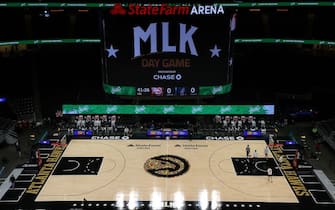 1297080878 ATLANTA, GEORGIA - JANUARY 18: A view of State Farm Arena prior to the game between the Atlanta Hawks and the Minnesota Timberwolves on January 18, 2021 in Atlanta, Georgia. NOTE TO USER: User expressly acknowledges and agrees that, by downloading and or using this photograph, User is consenting to the terms and conditions of the Getty Images License Agreement. (Photo by Kevin C. Cox/Getty Images)