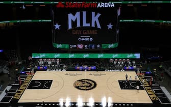 ATLANTA, GEORGIA - JANUARY 18:  A view of State Farm Arena prior to the game between the Atlanta Hawks and the Minnesota Timberwolves on January 18, 2021 in Atlanta, Georgia.  NOTE TO USER: User expressly acknowledges and agrees that, by downloading and or using this photograph, User is consenting to the terms and conditions of the Getty Images License Agreement.  (Photo by Kevin C. Cox/Getty Images)