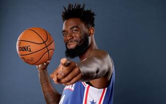 CAMDEN, NEW JERSEY - SEPTEMBER 30: Norvel Pelle #14 of the Philadelphia 76ers poses for a portrait during Media Day at 76ers Training Complex on September 30, 2019 in Camden, New Jersey.NOTE TO USER: User expressly acknowledges and agrees that, by downloading and/or using this photograph, user is consenting to the terms and conditions of the Getty Images License Agreement. (Photo by Elsa/Getty Images)