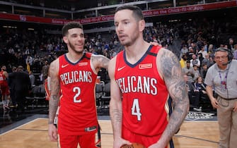 SACRAMENTO, CA - JANUARY 4: Lonzo Ball #2 and JJ Redick #4 of the New Orleans Pelicans celebrate after defeating the Sacramento Kings on January 4, 2020 at Golden 1 Center in Sacramento, California. NOTE TO USER: User expressly acknowledges and agrees that, by downloading and or using this photograph, User is consenting to the terms and conditions of the Getty Images Agreement. Mandatory Copyright Notice: Copyright 2020 NBAE (Photo by Rocky Widner/NBAE via Getty Images)