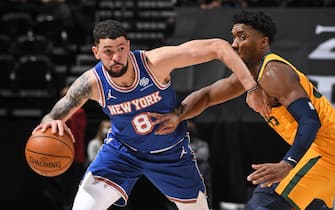 SALT LAKE CITY, UT - JANUARY 26: Austin Rivers #8 of the New York Knicks drives to the basket against the Utah Jazz on January 26, 2021 at vivint.SmartHome Arena in Salt Lake City, Utah. NOTE TO USER: User expressly acknowledges and agrees that, by downloading and or using this Photograph, User is consenting to the terms and conditions of the Getty Images License Agreement. Mandatory Copyright Notice: Copyright 2021 NBAE (Photo by Garrett Ellwood/NBAE via Getty Images)