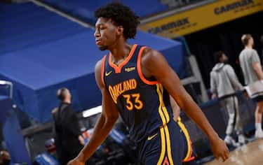 SAN FRANCISCO, CA - JANUARY 27: James Wiseman #33 of the Golden State Warriors looks on during the game against the Minnesota Timberwolves on January 27, 2021 at Chase Center in San Francisco, California. NOTE TO USER: User expressly acknowledges and agrees that, by downloading and or using this photograph, user is consenting to the terms and conditions of Getty Images License Agreement. Mandatory Copyright Notice: Copyright 2021 NBAE (Photo by Noah Graham/NBAE via Getty Images)