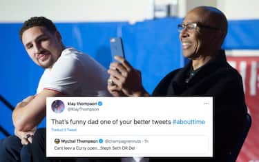 RANCHO SANTA MARGARITA, CA - JANUARY 13: Klay Thompson looks at his father Mychal Thompson as he records a video during a ceremony retiring his jersey number at Santa Margarita Catholic High School in Rancho Santa Margarita, on Friday, January 13, 2017. Thompson helped the Eagles to a Division III State championship in 2008, was a first round draft pick of the Golden State Warriors in 2011 and helped them win a title in 2015. (Photo by Kevin Sullivan/Digital First Media/Orange County Register via Getty Images)