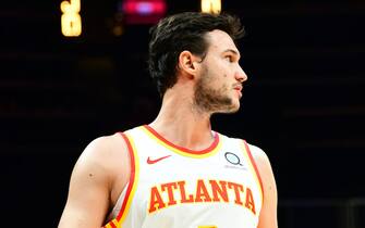 ATLANTA, GA - FEBRUARY 13: Danilo Gallinari #8 of the Atlanta Hawks looks on during the game against the Indiana Pacers on February 13, 2021 at State Farm Arena in Atlanta, Georgia.  NOTE TO USER: User expressly acknowledges and agrees that, by downloading and/or using this Photograph, user is consenting to the terms and conditions of the Getty Images License Agreement. Mandatory Copyright Notice: Copyright 2021 NBAE (Photo by Scott Cunningham/NBAE via Getty Images)