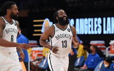 LOS ANGELES, CA - FEBRUARY 18: James Harden #13 of the Brooklyn Nets looks on during the game against the Los Angeles Lakers on February 18, 2021 at STAPLES Center in Los Angeles, California. NOTE TO USER: User expressly acknowledges and agrees that, by downloading and/or using this Photograph, user is consenting to the terms and conditions of the Getty Images License Agreement. Mandatory Copyright Notice: Copyright 2021 NBAE (Photo by Adam Pantozzi/NBAE via Getty Images)