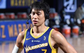 ORLANDO, FL - FEBRUARY 18: Jeremy Lin #7 of the Santa Cruz Warriors speaks to the media after the game against the Fort Wayne Mad Ants on February 18, 2021 at AdventHealth Arena in Orlando, Florida. NOTE TO USER: User expressly acknowledges and agrees that, by downloading and/or using this photograph, user is consenting to the terms and conditions of the Getty Images License Agreement. Mandatory Copyright Notice: Copyright 2021 NBAE (Photo by Juan Ocampo/NBAE via Getty Images)