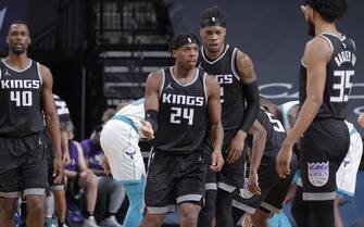 SACRAMENTO, CA - FEBRUARY 28: Buddy Hield #24 of the Sacramento Kings looks on during the game against the Charlotte Hornets on February 28, 2021 at Golden 1 Center in Sacramento, California. NOTE TO USER: User expressly acknowledges and agrees that, by downloading and or using this Photograph, user is consenting to the terms and conditions of the Getty Images License Agreement. Mandatory Copyright Notice: Copyright 2021 NBAE (Photo by Rocky Widner/NBAE via Getty Images)