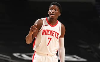 CHARLOTTE, NC - FEBRUARY 8: Victor Oladipo #7 of the Houston Rockets looks on during the game against the Charlotte Hornets on February 8, 2021 at Spectrum Center in Charlotte, North Carolina. NOTE TO USER: User expressly acknowledges and agrees that, by downloading and or using this photograph, User is consenting to the terms and conditions of the Getty Images License Agreement. Mandatory Copyright Notice: Copyright 2021 NBAE (Photo by Kent Smith/NBAE via Getty Images)