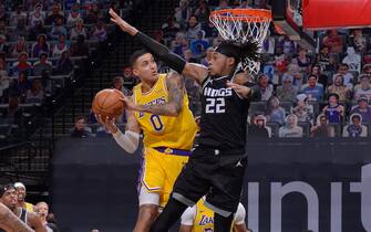 SACRAMENTO, CA - MARCH 3: Kyle Kuzma #0 of the Los Angeles Lakers shoots the ball during the game against Richaun Holmes #22 of the Sacramento Kings on March 3, 2021 at Golden 1 Center in Sacramento, California. NOTE TO USER: User expressly acknowledges and agrees that, by downloading and or using this Photograph, user is consenting to the terms and conditions of the Getty Images License Agreement. Mandatory Copyright Notice: Copyright 2021 NBAE (Photo by Rocky Widner/NBAE via Getty Images)