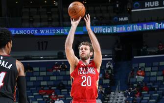 NEW ORLEANS, LA - MARCH 4: Nicolo Melli #20 of the New Orleans Pelicans shoots the ball during the game against the Miami Heat on March 4, 2021 at the Smoothie King Center in New Orleans, Louisiana. NOTE TO USER: User expressly acknowledges and agrees that, by downloading and or using this Photograph, user is consenting to the terms and conditions of the Getty Images License Agreement. Mandatory Copyright Notice: Copyright 2021 NBAE (Photo by Layne Murdoch Jr./NBAE via Getty Images)