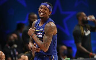 ATLANTA, GA - MARCH 7: Bradley Beal #3 of Team Durant smiles during the 70th NBA All Star Game as part of 2021 NBA All Star Weekend on March 7, 2021 at State Farm Arena in Atlanta, Georgia. NOTE TO USER: User expressly acknowledges and agrees that, by downloading and or using this photograph, User is consenting to the terms and conditions of the Getty Images License Agreement. Mandatory Copyright Notice: Copyright 2021 NBAE (Photo by Joe Murphy/NBAE via Getty Images)