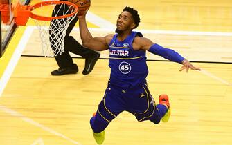 ATLANTA, GA - MARCH 7: (Dunk Sequence 3 of 5) Donovan Mitchell #45 of Team Durant dunks the ball during the 70th NBA All Star Game as part of 2021 NBA All Star Weekend on March 7, 2021 at State Farm Arena in Atlanta, Georgia. NOTE TO USER: User expressly acknowledges and agrees that, by downloading and or using this photograph, User is consenting to the terms and conditions of the Getty Images License Agreement. Mandatory Copyright Notice: Copyright 2021 NBAE (Photo by Scott Cunningham/NBAE via Getty Images)