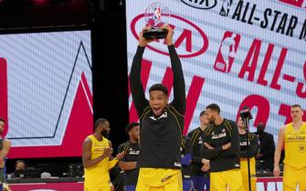 ATLANTA, GA - MARCH 7: Giannis Antetokounmpo #34 of Team LeBron reacts after receiving the MVP Award during the 70th NBA All Star Game as part of 2021 NBA All Star Weekend on March 7, 2021 at State Farm Arena in Atlanta, Georgia. NOTE TO USER: User expressly acknowledges and agrees that, by downloading and or using this photograph, User is consenting to the terms and conditions of the Getty Images License Agreement. Mandatory Copyright Notice: Copyright 2021 NBAE (Photo by Jesse D. Garrabrant/NBAE via Getty Images)