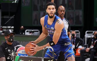 ATLANTA, GA - MARCH 7:  Jayson Tatum #0 of Team Durant shoots the ball during the MTN DEW 3-Point Contest as part of 2021 NBA All Star Weekend on March 7, 2021 at State Farm Arena in Atlanta, Georgia. NOTE TO USER: User expressly acknowledges and agrees that, by downloading and or using this photograph, User is consenting to the terms and conditions of the Getty Images License Agreement. Mandatory Copyright Notice: Copyright 2021 NBAE (Photo by Nathaniel S. Butler/NBAE via Getty Images)
