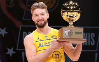 1231585954 ATLANTA, GA - MARCH 7: Domantas Sabonis #11 of Team LeBron holds the Taco Bell Skills Challenge trophy during the Taco Bell Skills Challenge as part of 2021 NBA All Star Weekend on March 7, 2021 at State Farm Arena in Atlanta, Georgia. NOTE TO USER: User expressly acknowledges and agrees that, by downloading and or using this photograph, User is consenting to the terms and conditions of the Getty Images License Agreement. Mandatory Copyright Notice: Copyright 2021 NBAE (Photo by Nathaniel S. Butler/NBAE via Getty Images)