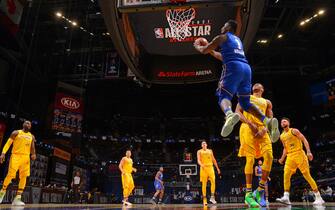 ATLANTA, GA - MARCH 7: Zion Williamson #1 of Team Durant dunks the ball against Team LeBron during the 70th NBA All Star Game as part of 2021 NBA All Star Weekend on March 7, 2021 at State Farm Arena in Atlanta, Georgia. NOTE TO USER: User expressly acknowledges and agrees that, by downloading and or using this photograph, User is consenting to the terms and conditions of the Getty Images License Agreement. Mandatory Copyright Notice: Copyright 2021 NBAE (Photo by Jesse D. Garrabrant/NBAE via Getty Images)