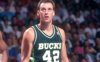 PHILADELPHIA, PA - APRIL 30:  Larry Krystkowiak #42 of the Milwaukee Bucks stands on the court during Game 3 of the NBA Eastern Division Finals against the Philadelphia 76ers on April 30, 1991 at the Spectrum in Philadelphia, Pennsylvania.  (Photo by Bruce Bennett Studios via Getty Images Studios/Getty Images)