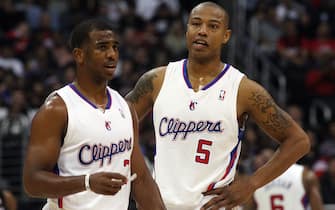 LOS ANGELES, CA. - NOV 14, 2012. Clippers Chris Paul, left, and Caron Butler talk during a break in the action of a game against the Miami Heat on Wednesday, Nov. 14, 2012, at Staples Center in Los Angeles.