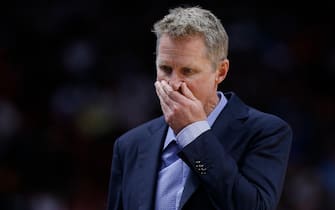 MIAMI, FLORIDA - NOVEMBER 29:  Head coach Steve Kerr of the Golden State Warriors reacts against the Miami Heat during the first half at American Airlines Arena on November 29, 2019 in Miami, Florida. NOTE TO USER: User expressly acknowledges and agrees that, by downloading and/or using this photograph, user is consenting to the terms and conditions of the Getty Images License Agreement. (Photo by Michael Reaves/Getty Images)