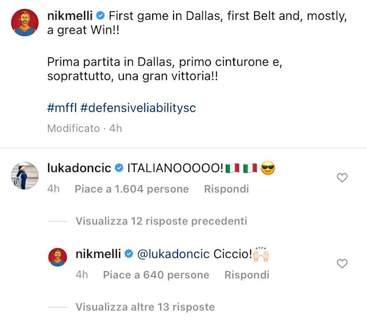Questo il botta e risposta tra Nicolò Melli e Luka Doncic nei commenti dell'ultimo post su Instagram del giocatore azzurro di Dallas