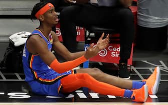 LOS ANGELES, CALIFORNIA - JANUARY 22: Shai Gilgeous-Alexander #2 of the Oklahoma City Thunder reacts to a play during the third quarter against the Los Angeles Clippers at Staples Center on January 22, 2021 in Los Angeles, California. NOTE TO USER: User expressly acknowledges and agrees that, by downloading and or using this Photograph, user is consenting to the terms and conditions of the Getty Images License Agreement. (Photo by Katelyn Mulcahy/Getty Images)