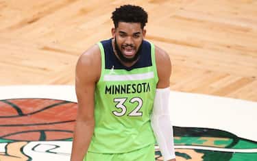 BOSTON, MA - APRIL 9: Karl Anthony Towns #32 of the Minnesota Timberwolves yells at an official during a game against the Boston Celtics in the first half at TD Garden on April 9, 2021 in Boston, Massachusetts. NOTE TO USER: User expressly acknowledges and agrees that, by downloading and or using this photograph, User is consenting to the terms and conditions of the Getty Images License Agreement. (Photo by Kathryn Riley/Getty Images)  *** Local Caption *** Karl Anthony Towns 