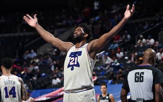 PHILADELPHIA, PA - APRIL 14: Joel Embiid #21 of the Philadelphia 76ers reacts during a game against the Brooklyn Nets on April 14, 2021 at Wells Fargo Center in Philadelphia, Pennsylvania. NOTE TO USER: User expressly acknowledges and agrees that, by downloading and/or using this Photograph, user is consenting to the terms and conditions of the Getty Images License Agreement. Mandatory Copyright Notice: Copyright 2021 NBAE (Photo by David Dow/NBAE via Getty Images) 
