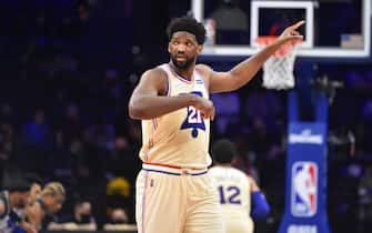 1232315416 PHILADELPHIA, PA - APRIL 14: Joel Embiid #21 of the Philadelphia 76ers reacts during a game against the Brooklyn Nets on April 14, 2021 at Wells Fargo Center in Philadelphia, Pennsylvania. NOTE TO USER: User expressly acknowledges and agrees that, by downloading and/or using this Photograph, user is consenting to the terms and conditions of the Getty Images License Agreement. Mandatory Copyright Notice: Copyright 2021 NBAE (Photo by Jesse D. Garrabrant/NBAE via Getty Images)