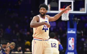 PHILADELPHIA, PA - APRIL 14: Joel Embiid #21 of the Philadelphia 76ers reacts during a game against the Brooklyn Nets on April 14, 2021 at Wells Fargo Center in Philadelphia, Pennsylvania. NOTE TO USER: User expressly acknowledges and agrees that, by downloading and/or using this Photograph, user is consenting to the terms and conditions of the Getty Images License Agreement. Mandatory Copyright Notice: Copyright 2021 NBAE (Photo by Jesse D. Garrabrant/NBAE via Getty Images) 