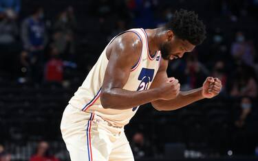 PHILADELPHIA, PA - APRIL 16: Joel Embiid #21 of the Philadelphia 76ers reacts during a game against the LA Clippers on April 16, 2021 at Wells Fargo Center in Philadelphia, Pennsylvania. NOTE TO USER: User expressly acknowledges and agrees that, by downloading and/or using this Photograph, user is consenting to the terms and conditions of the Getty Images License Agreement. Mandatory Copyright Notice: Copyright 2021 NBAE (Photo by David Dow/NBAE via Getty Images) 