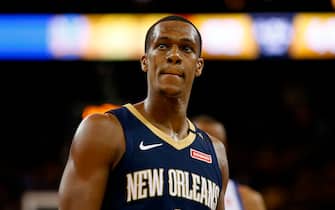 953040244 OAKLAND, CA - APRIL 28: Rajon Rondo #9 of the New Orleans Pelicans looks on during Game One of the Western Conference Semifinals against the Golden State Warriors at ORACLE Arena on April 28, 2018 in Oakland, California. NOTE TO USER: User expressly acknowledges and agrees that, by downloading and or using this photograph, User is consenting to the terms and conditions of the Getty Images License Agreement. (Photo by Lachlan Cunningham/Getty Images)