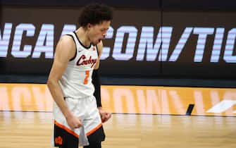 1231867723 INDIANAPOLIS, IN - MARCH 21: Cade Cunningham #2 of the Oklahoma State Cowboys reacts against the Oregon State Beavers during the second half in the second round of the 2021 NCAA Division I Mens Basketball Tournament held at Hinkle Fieldhouse on March 21, 2021 in Indianapolis, Indiana. (Photo by C. Morgan Engel/NCAA Photos via Getty Images)