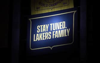 LOS ANGELES, CA - MAY 12: Preview banner before the The unveiling of the Championship Banner of the Los Angeles Lakers before the game on May 12, 2021 at STAPLES Center in Los Angeles, California. NOTE TO USER: User expressly acknowledges and agrees that, by downloading and/or using this Photograph, user is consenting to the terms and conditions of the Getty Images License Agreement. Mandatory Copyright Notice: Copyright 2021 NBAE (Photo by Will Navarro/NBAE via Getty Images)