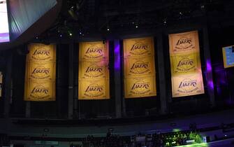 LOS ANGELES, CA - MAY 12: The unveiling of the Championship Banner of the Los Angeles Lakers during the game against the Houston Rockets on May 12, 2021 at STAPLES Center in Los Angeles, California. NOTE TO USER: User expressly acknowledges and agrees that, by downloading and/or using this Photograph, user is consenting to the terms and conditions of the Getty Images License Agreement. Mandatory Copyright Notice: Copyright 2021 NBAE (Photo by Adam Pantozzi/NBAE via Getty Images)