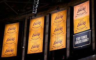LOS ANGELES, CALIFORNIA - MAY 12:  A display of banners before the unveiling of a banner for the Los Angeles Lakers 2020 NBA Championship season before the game against the Houston Rockets at Staples Center on May 12, 2021 in Los Angeles, California. (Photo by Harry How/Getty Images) NOTE TO USER: User expressly acknowledges and agrees that, by downloading and or using this photograph, User is consenting to the terms and conditions of the Getty Images License Agreement. NOTE TO USER: User expressly acknowledges and agrees that, by downloading and or using this photograph, User is consenting to the terms and conditions of the Getty Images License Agreement.