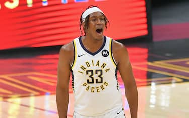 CLEVELAND, OHIO - MARCH 03: Myles Turner #33 of the Indiana Pacers reacts after scoring during the third quarter against the Cleveland Cavaliers at Rocket Mortgage Fieldhouse on March 03, 2021 in Cleveland, Ohio. NOTE TO USER: User expressly acknowledges and agrees that, by downloading and/or using this photograph, user is consenting to the terms and conditions of the Getty Images License Agreement. (Photo by Jason Miller/Getty Images)