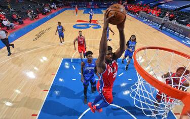 PHILADELPHIA, PA - MAY 14: Joel Embiid #21 of the Philadelphia 76ers dunks the ball against the Orlando Magic on May 14, 2021 at Wells Fargo Center in Philadelphia, Pennsylvania. NOTE TO USER: User expressly acknowledges and agrees that, by downloading and/or using this Photograph, user is consenting to the terms and conditions of the Getty Images License Agreement. Mandatory Copyright Notice: Copyright 2021 NBAE (Photo by Jesse D. Garrabrant/NBAE via Getty Images)
