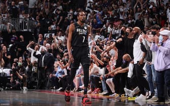 BROOKLYN, NY - JUNE 7: Kevin Durant #7 of the Brooklyn Nets celebrates during Round 2, Game 2 of the 2021 NBA Playoffs on June 7, 2021 at Barclays Center in Brooklyn, New York. NOTE TO USER: User expressly acknowledges and agrees that, by downloading and or using this Photograph, user is consenting to the terms and conditions of the Getty Images License Agreement. Mandatory Copyright Notice: Copyright 2021 NBAE (Photo by Nathaniel S. Butler/NBAE via Getty Images)