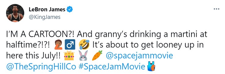Il tweet di LeBron, gasatissimo dall'imminente uscita del film