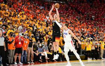 1233383722 SALT LAKE CITY, UT - JUNE 10: Joe Ingles #2 of the Utah Jazz shoots a three point basket during the game against the LA Clippers during Round 2, Game 2 of the 2021 NBA Playoffs on June 10, 2021 at vivint.SmartHome Arena in Salt Lake City, Utah. NOTE TO USER: User expressly acknowledges and agrees that, by downloading and or using this Photograph, User is consenting to the terms and conditions of the Getty Images License Agreement. Mandatory Copyright Notice: Copyright 2021 NBAE (Photo by Adam Pantozzi/NBAE via Getty Images)