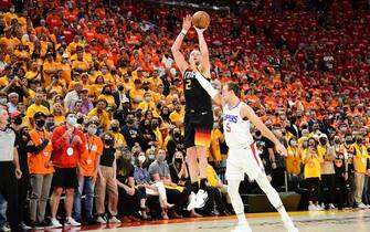 SALT LAKE CITY, UT - JUNE 10: Joe Ingles #2 of the Utah Jazz shoots a three point basket during the game against the LA Clippers during Round 2, Game 2 of the 2021 NBA Playoffs on June 10, 2021 at vivint.SmartHome Arena in Salt Lake City, Utah. NOTE TO USER: User expressly acknowledges and agrees that, by downloading and or using this Photograph, User is consenting to the terms and conditions of the Getty Images License Agreement. Mandatory Copyright Notice: Copyright 2021 NBAE (Photo by Adam Pantozzi/NBAE via Getty Images)