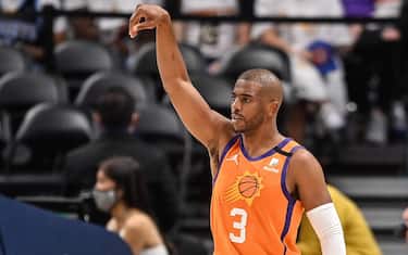 DENVER, CO - JUNE 11: Chris Paul #3 of the Phoenix Suns celebrates after a basket in Game Three of the Western Conference second-round playoff series at Ball Arena on June 11, 2021 in Denver, Colorado. NOTE TO USER: User expressly acknowledges and agrees that, by downloading and or using this photograph, User is consenting to the terms and conditions of the Getty Images License Agreement. (Photo by Dustin Bradford/Getty Images)