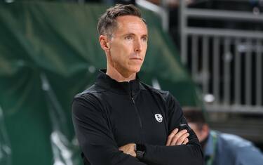 MILWAUKEE, WI - JUNE 10: Head Coach Steve Nash of the Brooklyn Nets looks on during the game against the Milwaukee Bucks during Round 2, Game 3 of the 2021 NBA Playoffs on June 10, 2021 at the Fiserv Forum Center in Milwaukee, Wisconsin. NOTE TO USER: User expressly acknowledges and agrees that, by downloading and or using this Photograph, user is consenting to the terms and conditions of the Getty Images License Agreement. Mandatory Copyright Notice: Copyright 2021 NBAE (Photo by Gary Dineen/NBAE via Getty Images).