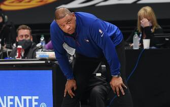 ATLANTA, GA - JUNE 14: Head Coach Doc Rivers of the Philadelphia 76ers looks on during Round 2, Game 4 of the Eastern Conference Playoffs on June 14, 2021 at State Farm Arena in Atlanta, Georgia. NOTE TO USER: User expressly acknowledges and agrees that, by downloading and/or using this Photograph, user is consenting to the terms and conditions of the Getty Images License Agreement. Mandatory Copyright Notice: Copyright 2021 NBAE (Photo by David Dow/NBAE via Getty Images) 