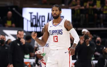 SALT LAKE CITY, UT - JUNE 16: Paul George #13 of the LA Clippers celebrates against the Utah Jazz during Round 2, Game 5 of the 2021 NBA Playoffs on June 16 1, 2021 at vivint.SmartHome Arena in Salt Lake City, Utah. NOTE TO USER: User expressly acknowledges and agrees that, by downloading and or using this Photograph, User is consenting to the terms and conditions of the Getty Images License Agreement. Mandatory Copyright Notice: Copyright 2021 NBAE (Photo by David Sherman/NBAE via Getty Images)