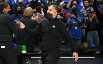 1233535556 LOS ANGELES, CA - JUNE 18: Head Coach Tyronn Lue of the Los Angeles Clippers celebrates during the game against the Utah Jazz during Round 2, Game 6 of the 2021 NBA Playoffs on June 18, 2021 at STAPLES Center in Los Angeles, California. NOTE TO USER: User expressly acknowledges and agrees that, by downloading and/or using this Photograph, user is consenting to the terms and conditions of the Getty Images License Agreement. Mandatory Copyright Notice: Copyright 2021 NBAE (Photo by Andrew D. Bernstein/NBAE via Getty Images)